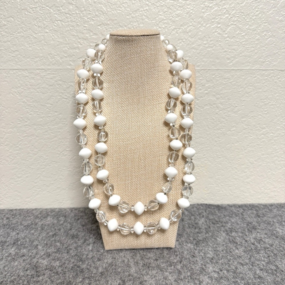 Vintage Trifari TM‎ Necklace Lucite White Nugget Clear Beads Double Strand 24"